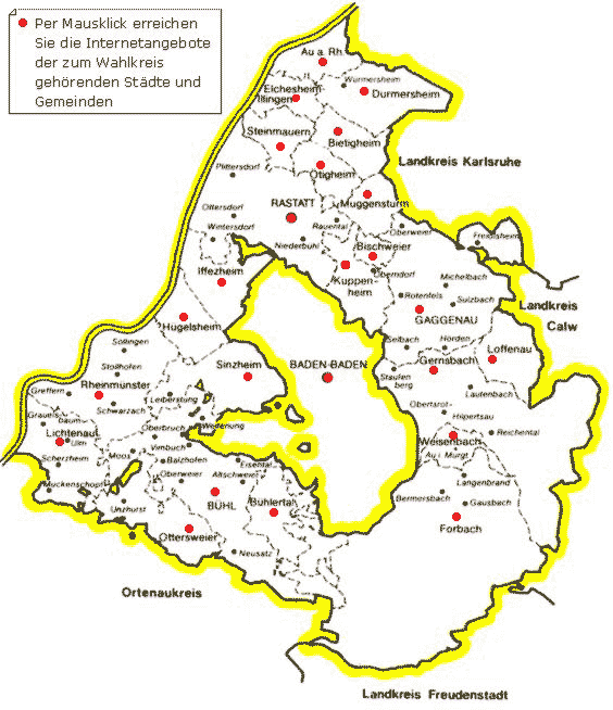 Der Wahlkreis umfasst den Landkreis Rastatt und den Stadtkreis Baden-Baden, dieser wird vom Landkreis direkt umschlossen.